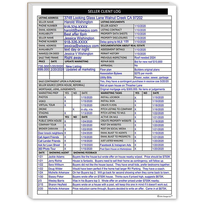 Life Charge Real Estate Agent Supplies - Home Seller Client Log to include in Listing File Folders. Realtor Log to Track Seller Needs, Home Showings & Agent Activity. 50 Page Notepad. 8.5 X 11. Made in the USA. - Image 1